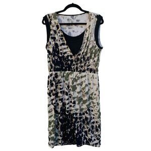 Morning Lady Sheath Dress Womens Medium Black Green Lined Camo Print‎